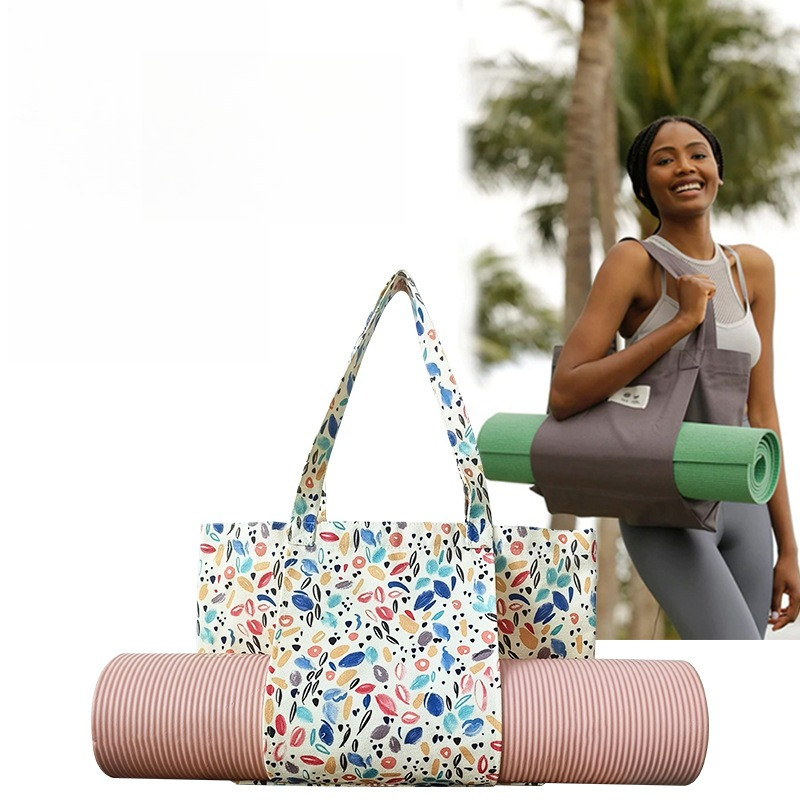 Yoga Mat - 花柄プリントのキャンバス製ヨガマットトートバッグ。ピラティスマットの収納に最適。大容量で、ヨガマットやアウトドアフィットネス用品、旅行用品などを収納できるハンドバッグ。