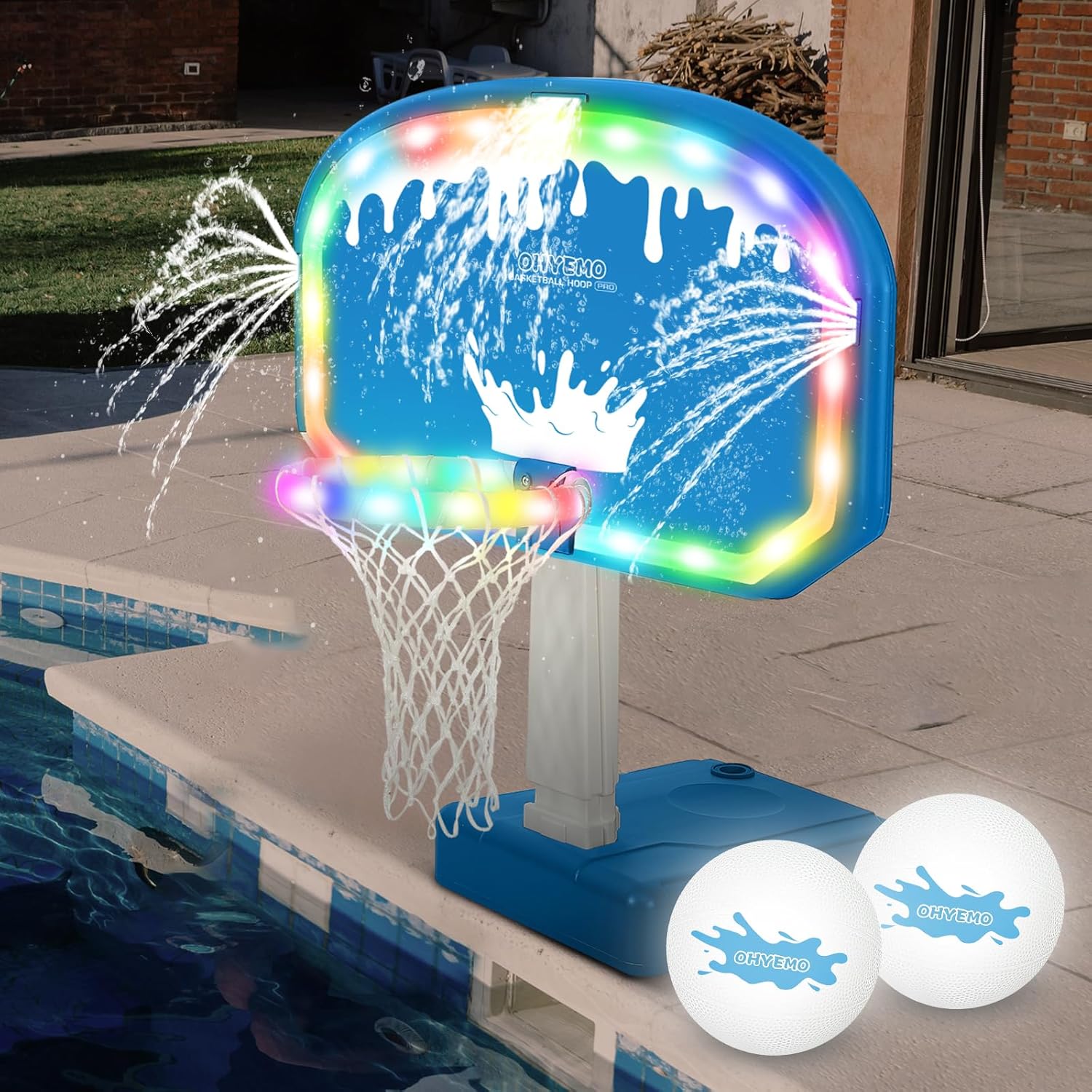 Basketball Hoop - 特大LEDプールバスケットボールフープゲームセット、3ウェイスプリンクラー、14インチライトアップリム、2つの光るボール、水で満たされたベースとポンプ付き – ティーンエイジャーと大人向けのイルミネーション付きプールゲーム、地面設置用